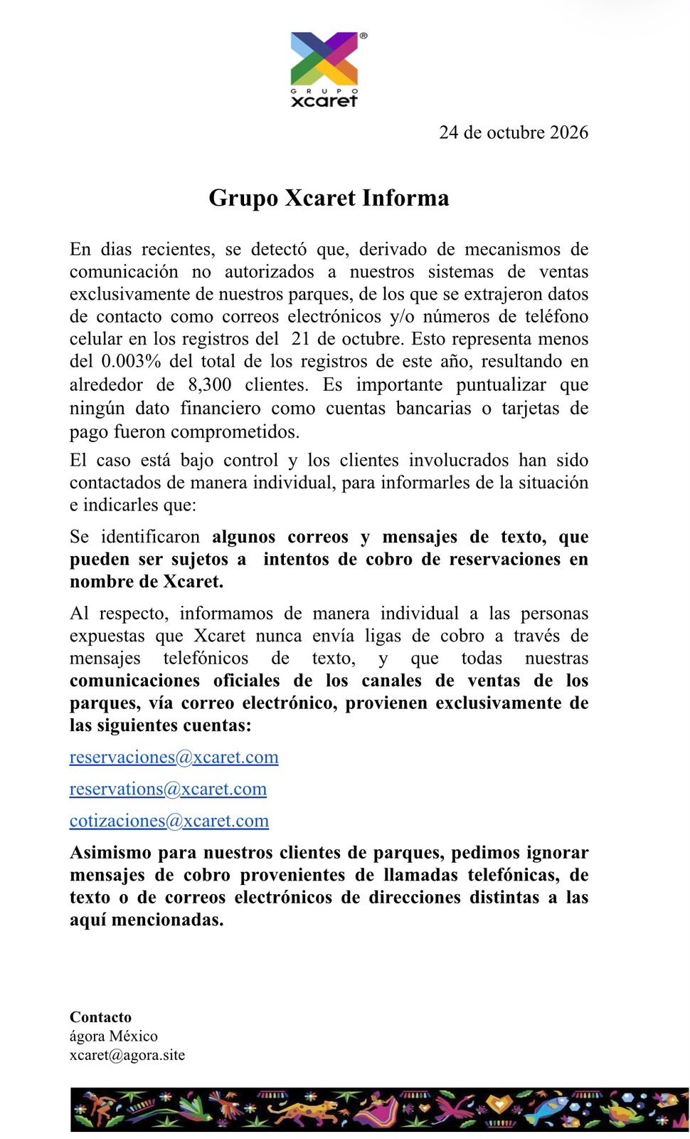 Comunicado de Grupo Xcaret del 24 de octubre de 2026