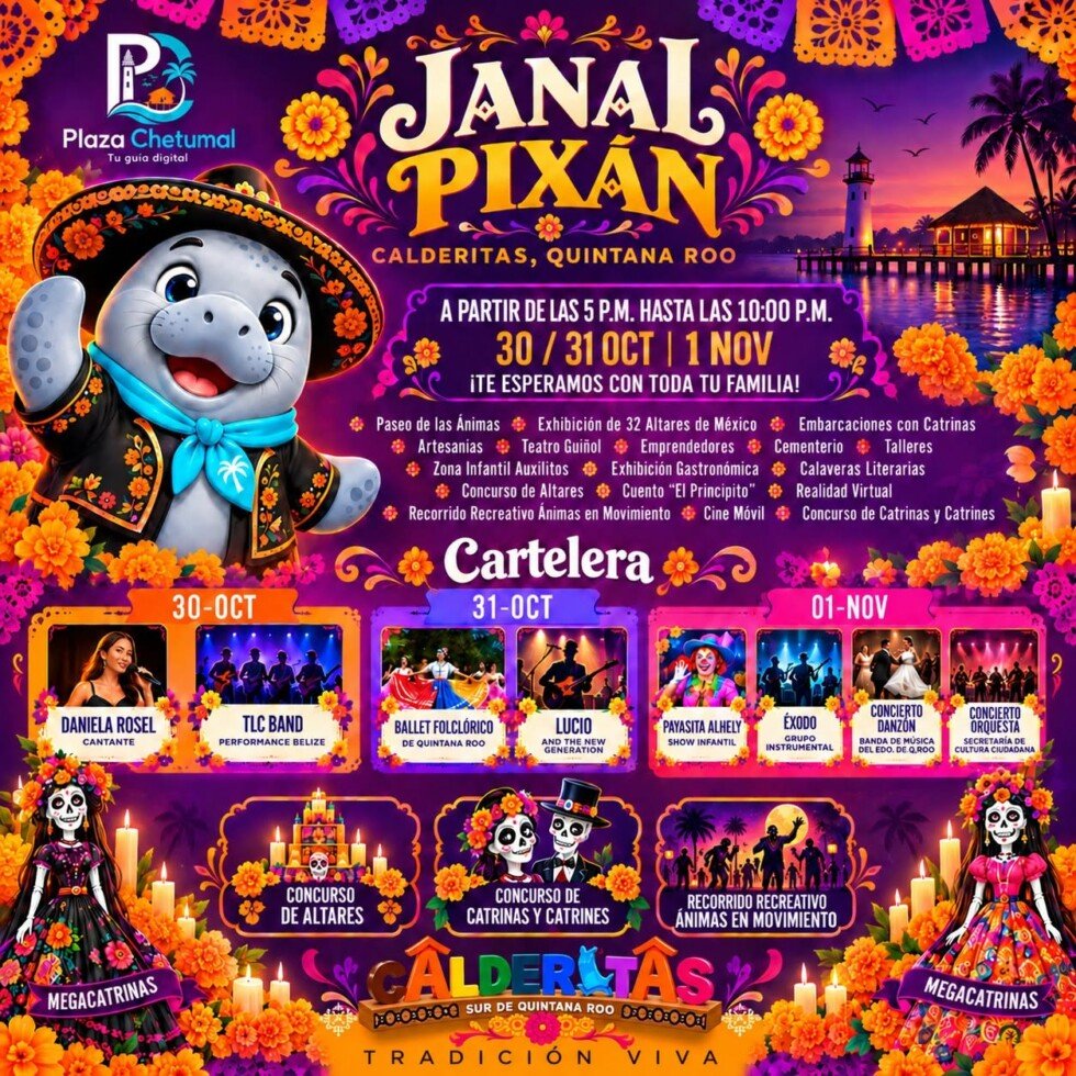 Cartel del Hanal Pixán en Calderitas, del 30 de octubre al 1 de noviembre, de 17:00 a 22:00 horas.
